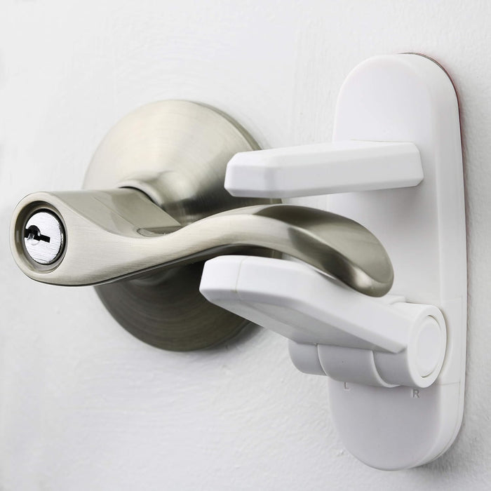 Door Lever Lock (2 Pack) Prevents Toddlers from Opening Doors. 3.25" L * 1.5" W * 4.5" H Easy One Hand Operation for Adults. Durable ABS with 3M Adhesive Backing. Simple Install, No Tools Needed.