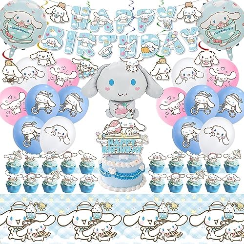 Cinnamoroll Birthday Decorations, Party Supplies Set Include Banner, Balloons, Hanging Swirls, Cake Cupcake Toppers, Tablecloth for Kids Cinnamoroll Theme Party