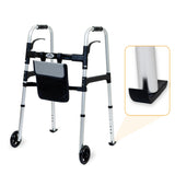 iLiving Easy Folding Rolling Walker with Shopping Bag Basket and Glide Skis - Upright Mobility Aid for Senior or Adults, Foldable and Adjustable Height Supports up to 350 lbs, Standard Walker, Silver