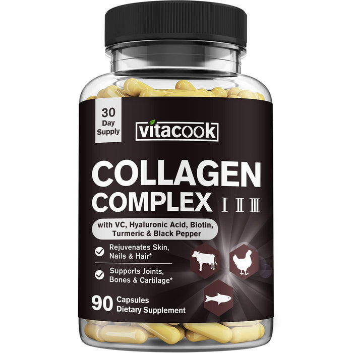 Vitacook Collagen Peptides Complex, Type I, II, III, 2025 MG, Hydrolyzed Multi Collagen, VC, Biotin, HA, Turmeric & Black Pepper, for Skin, Hair, Nails, Joints, 90 Caps