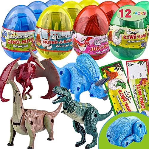 JOYIN 12 Pack Valentine’s Greeting Cards with Transforming Dinosaur Toys in Egg, Classroom Exchange Prize for Valentine Party Favor, Hatching Dinosaur Eggs, School Gift Exchange