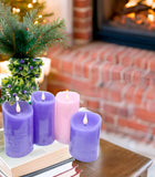 Adoria Advent Candles Battery Operated Set 4-Real Wax Pillar Candles 3pcs Purple and 1pc Pink w/Remote and Timer -Unscent, Realistic 3D Wick w/Patented- Brightness Control,Well for Home Decor.