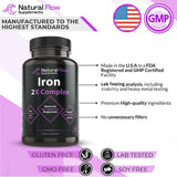 Iron Supplement 2-in-1 Complete Complex - Natural Flow 2X Heme and Chelated Non Heme Iron Bisglycinate, Folate, B and Vitamin C, for Anemia and Blood Building Support, Gentle on Stomach, 90 Caps