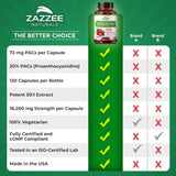 Zazzee Extra Strength Cranberry PACs, 72 mg PACs per Capsule, 100% Soluble, 120 Vegan Capsules, 50:1 Extract, 18,200 mg Strength, Effective Urinary Tract UTI Support for Women, Proanthocyanidins