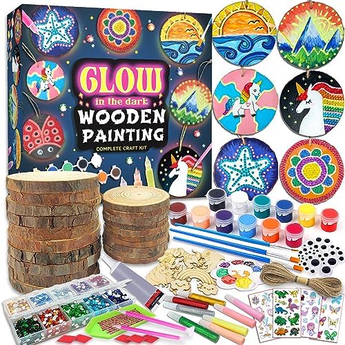 klmars Kids Wooden Painting Kit-Glow in The Dark-Arts & Crafts Gifts for Boys Girls Ages 5-12-Wood Slice Craft Activities Kits - Creative Art Toys for Birthday Party Favors Prizes(20Pcs)