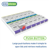 EZY DOSE Weekly (7-Day) Pill Case, Medicine Planner, Vitamin Organizer Box, 4 Times a Day, X-Large Push-Button Compartments, Convenient and Easy to Use, White and Clear Lids, BPA Free