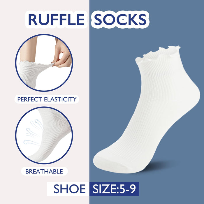 Hstyle Ruffle Socks Women, Ruffle Turn-Cuff Casual Cute Girl Ruffle Socks Breathable Cool Ruffle Ankle Socks 6 Pairs of White