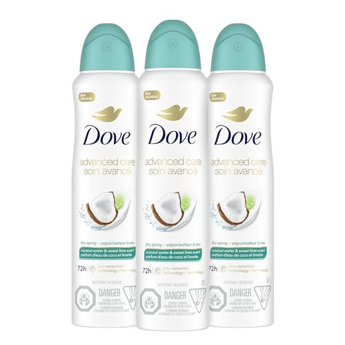 Dove Antiperspirant Deodorant Dry Spray Coconut Water & Lime scent 3ct skin repair after shaving with odor control & sweat protection Pro Ceramide Technology to boost ceramide levels in skin 3.8 oz