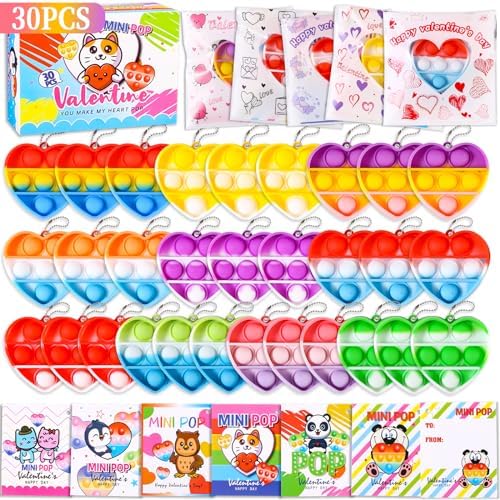 30 PCS Valentines Cards for Kids, Valentine Heart Mini Pop Exchanging Gift Classroom Prizes, Valentines Party Favors Pop Fidget Toys, Heart Bubbles Pop School Prize Party Supplies