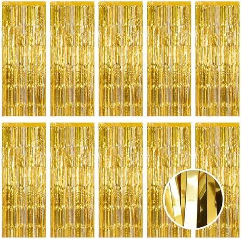 10 Pack Gold Foil Curtain Backdrop 3.2ft x 9.8ft Gold Metallic Tinsel Foil Fringe Curtains Streamer Photo Booth Backdrop for Birthday Party Engagement Bachelorette Party Decorations (Gold)