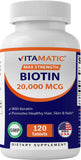 Vitamatic High Potency Biotin 20000 mcg (20mg) with Keratin 100mg - 120 Vegetarian Tablets - Biotin Supplements for Healthy Hair Skin & Nails for Adults (120 Count (Pack of 2))