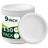 Lxins ECO 150 Pieces 100% Compostable Paper Plates (White 9inch) Heavy Duty Disposable Plates Eco Plates Made of Sugarcane Fiber Biodegradable Plates for Everyday Dinner, Party, Barbecue