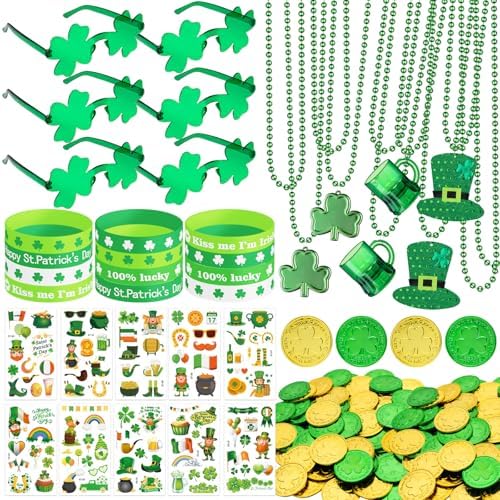 163Pcs St. Patrick's Day Accessories Party Favor Set, Tattoo Stickers, Necklaces, Bracelets, Shamrock Glasses, lucky Coins for Irish Party Supplies
