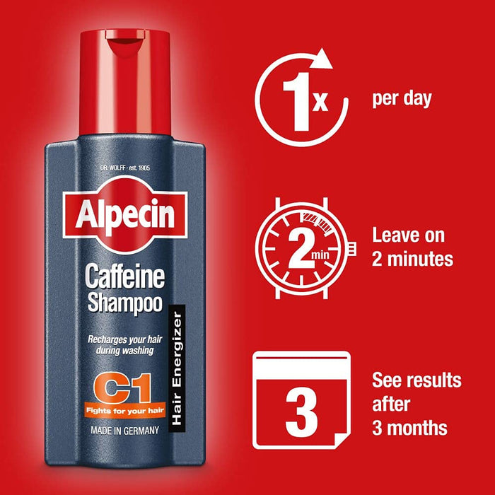 Alpecin Caffeine Natural Hair Shampoo C1 2x 375ml | Against Stronger Thinning and Thicker Hair | | Hair Care for Men Made in Germany