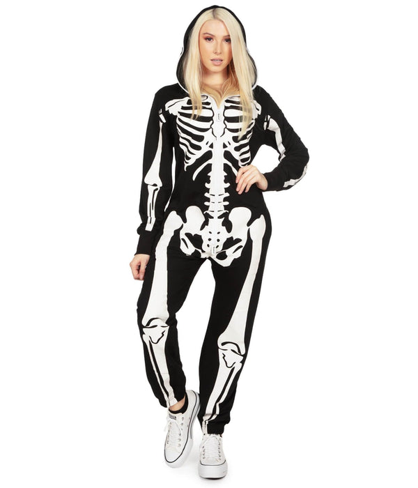 Tipsy Elves Halloween Skeleton Costume for Women - Comfy Easy Adult Onesie Jumpsuit - Front and Back Print with Zip Up Mask - Women's White Skeleton Jumpsuit Halloween Costume Size XX-Large