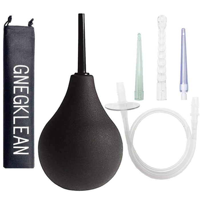 GNEGKLEAN Black Silicone Enema Bulb Kit 7.6oz Clean Anal Douche for Men Women with 19.7in Hose+4 Replaceable Nozzle (Black)