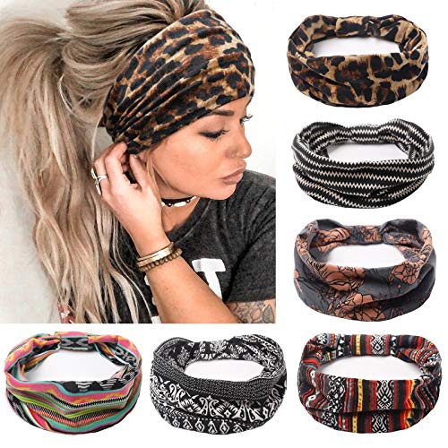 Tobeffect Headbands for Women African Wide Boho Bandeau Knotted Hairbands Workout Yoga Sport Head Wraps Hair Accessories 6 Packs