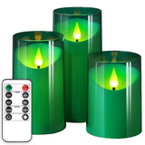 NURADA Flameless Candles: 3D Wick Battery Operated LED Pillar Candles - Acrylic Fake Candles with Remote and Timer for Home Holiday, Forest, Christmas, Theme Party, Table Decor - 3 Pack Green