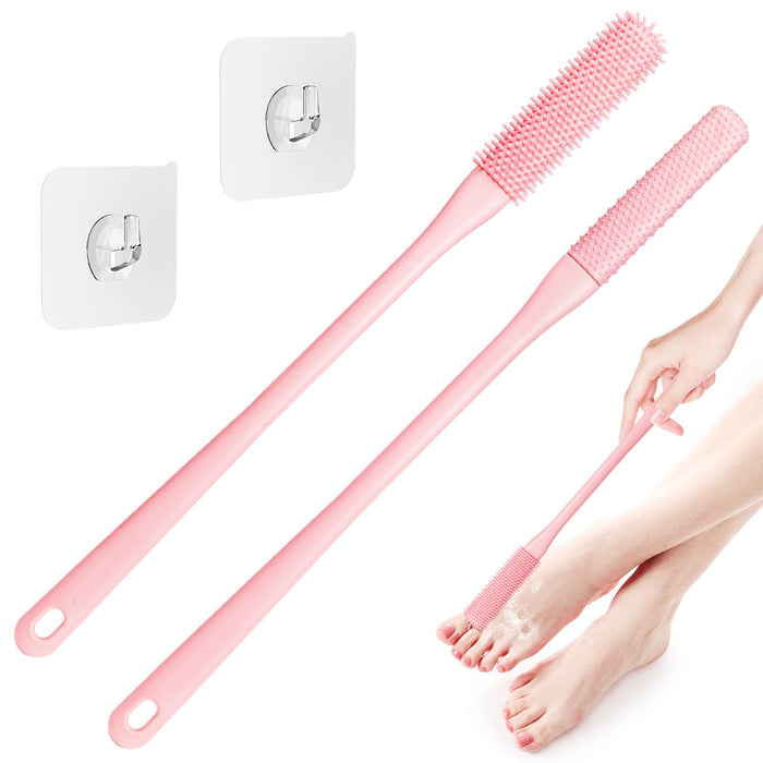 TOPHOME 2 Pack Toe Cleaning Brush,Silicone Foot Scrubber for Shower with 15.7" Long Handle Soft Cleaning Bath Brush Feet Cleaner Scrub Foot Care for Seniors,Elderly, Men and Women (Pink)