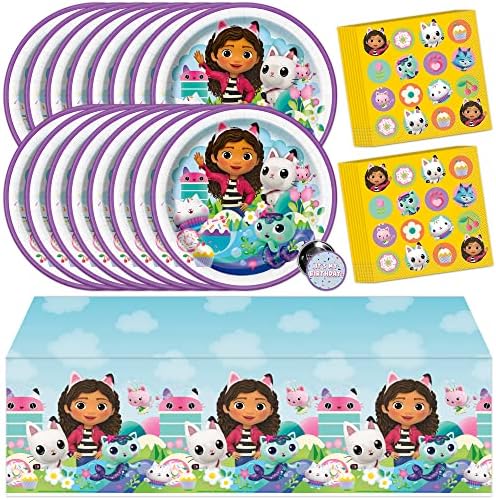 Unique Gabby's Dollhouse Party Supplies | Gabby Dollhouse Party Supplies | Gabby Doll House Party Supplies | Officially Licensed | Tablecover, Plates, Napkins, Button | Serves 16 Guests
