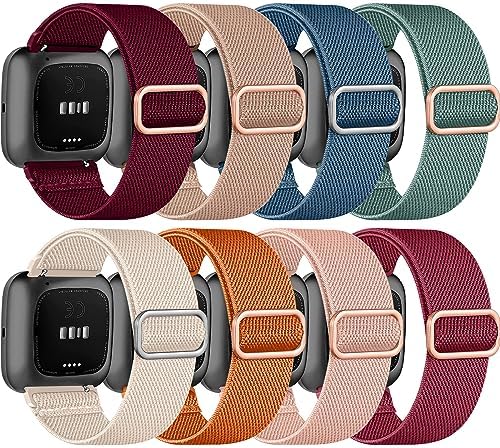 8 Pack Elastic Bands Compatible with Fitbit Versa 2/Versa/Versa Lite/Versa SE for Women Men, Adjustable Stretchy Nylon Braided Strap Solo Loop Sport Replacement Wristband for Versa Smart Watch
