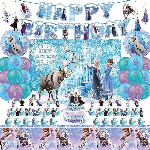 Frozen Birthday Party Supplies, Frozen Party Decorations Include Birthday Banner, Frozen Balloons, Backdrop, Tablecloth, Hanging Swirls for Kids Girls