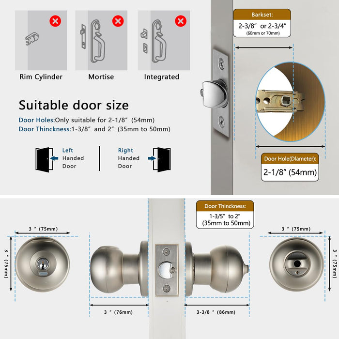 Fingerprint Door Lock, Smart Fingerprint Door Knob with Lock, Biometric Door Lock, Keyless Thumbprint Entry Door Lock for Bedrooms, Hotels, Apartments, Offices and Garages