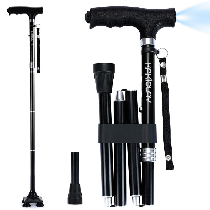 KAKICLAY Folding Walking Cane with LED Light for Women & Men - Foldable, Adjustable, Collapsible Lightweight Aluminum Walking Stick for Seniors & Adults