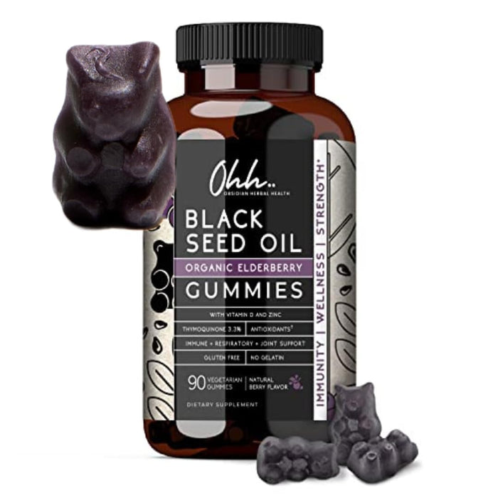 Ohh..Organic Black Seed Oil and Elderberry Gummies w/ Zinc & Vitamin D, 3.3% Thymoquinone & Hair, Skin & Joint immune, Cold Pressed Ethiopian & Turkish Black Cumin Nigella Sativa - 90 count