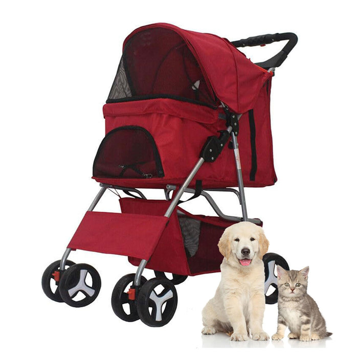 LWWJJ Pet Stroller 4 Wheels, Multifunction Dog Cat Jogger, Folding Lightweight Travel Stroller with Detachable Carrier & Cup Holder for Small/Medium Dogs and Cats, Red