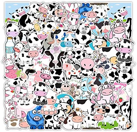 100 PCS Cow Stickers Waterproof PVC Vinyl Animal Decorative for Water Bottle Stickers Waterproof Vinyl Hydroflask Phone Skateboard Laptop Notebooks Stickers Gift to Friends Famils (Cow)