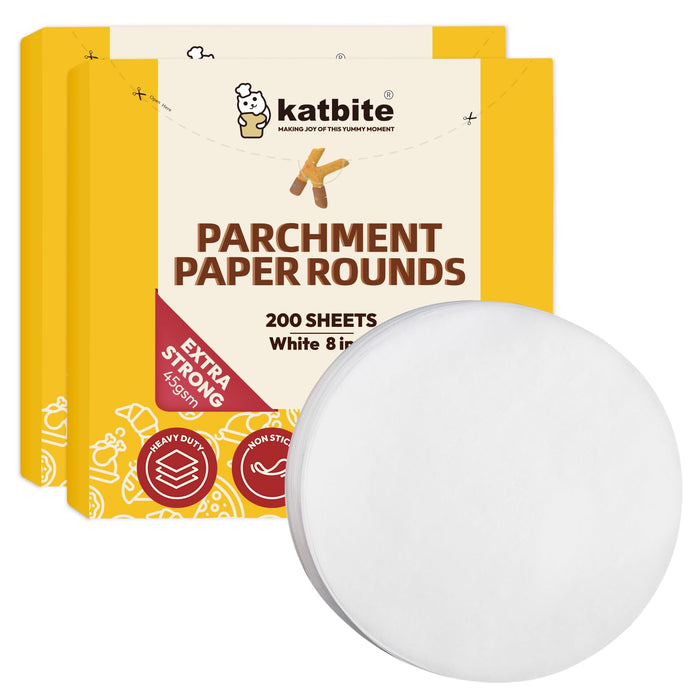 Katbite 8 Inch 400Pcs Parchment Paper Rounds, Round Parchment Paper Cake Baking, Freezing, Patty Separating, Tortilla Wrapping(2 Pack of 200Pcs)