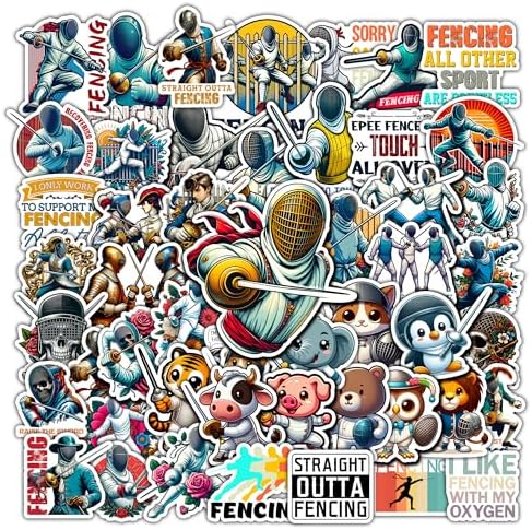 Pack 50 PCS Fencing Stickers Waterproof Vinyl Decals Items for Sword Fighters Women Men Teens Adults Sports Lovers Labels Decor Phone Case Water Bottles Bumper Helmet Laptop