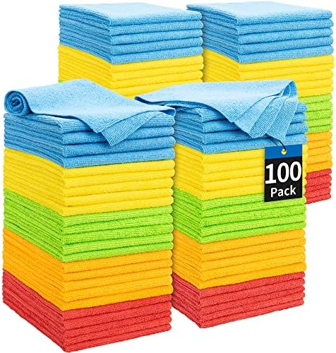 HOMERHYME Microfiber Cleaning Cloths, 100 Pack Cleaning Rags Microfiber Towels Bulk Absorbent Lint-Free Washcloths, All-Purpose Cloth Wipes for Car, Shop, Garage, Household Cleaning 11.5"*11.5"