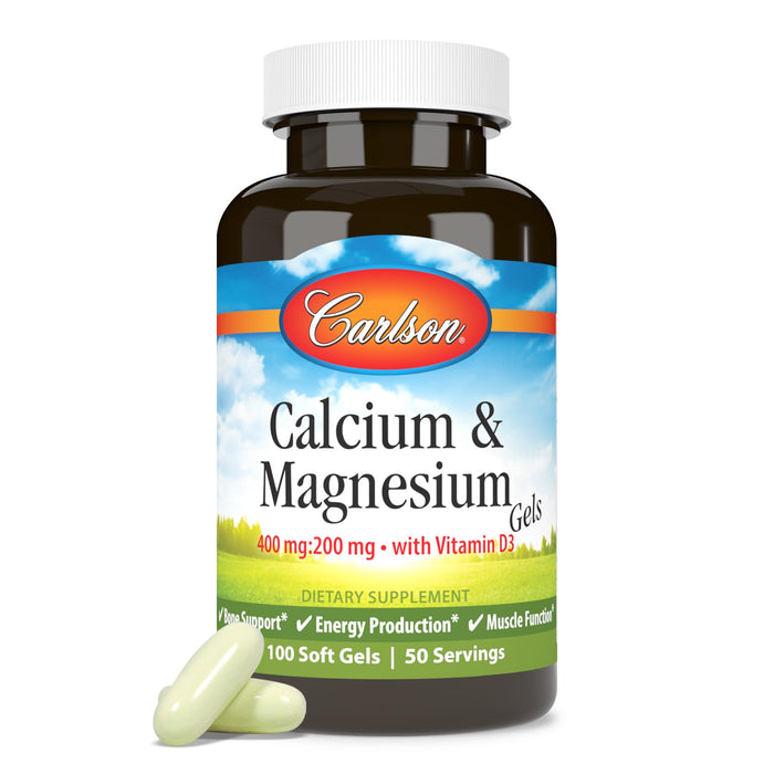 Carlson - Cal-Mag Gels, 2:1 Calcium to Magnesium Ratio, Bone Support, Energy Production, 100 Soft gels