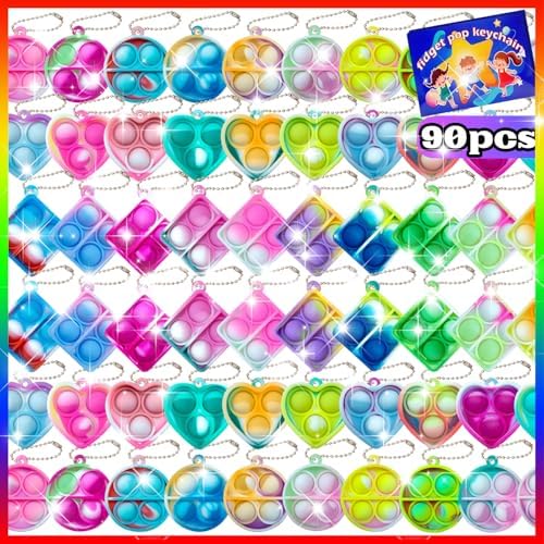 Pop Fidget Keychain Mini Fidget Toys Bulk 90 Pack Party Favors for Kids 4-8,8-12 Years Kids, Goodie Bag Stuffers Fidgets for Classroom Prizes Sensory Fidget Toy Packs