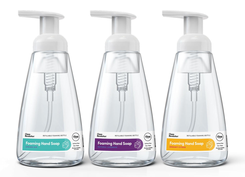 Clean Revolution Ready to Use Foaming Hand Soap, Fragrance Variety 3 Pack| Jumbo 15oz Bottles| Essential Oils|Dreamy Citrus|Fresh Lavender|Spring Air|45 Total Fl Oz, Clear