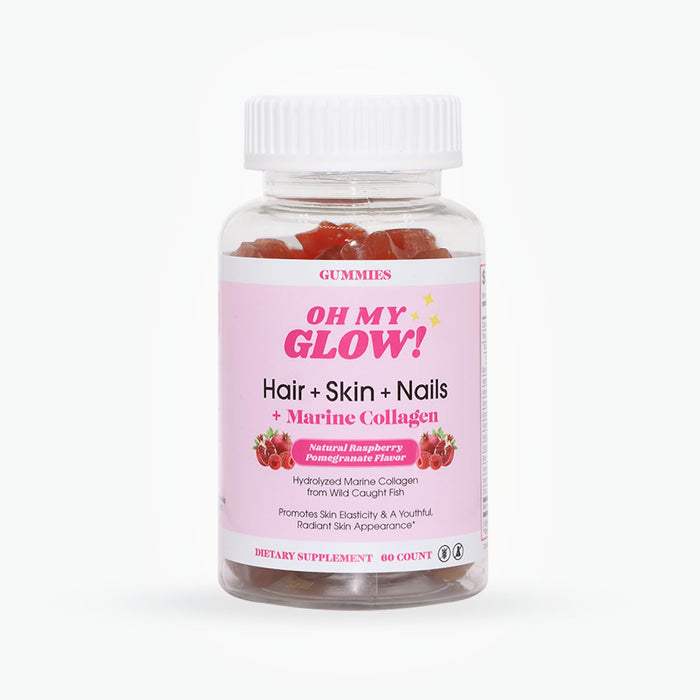 Oh My Glow! Hair, Skin & Nails + Marine Collagen – Gluten-Free, Non-GMO Gummies, Raspberry Pomegranate