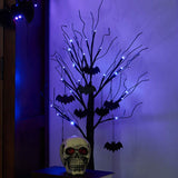 PEIDUO Halloween Decorations, 2FT Black Halloween Tree with 24 Purple Lights and 8 Bat Ornaments, Light up Halloween Decorations with Timer for Indoor Home Desk Table Decor Battery Powered