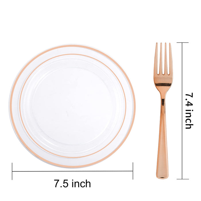 I00000 Rose Gold Plates 72 Pieces & Plastic Forks 72 Pieces, Small Cake Plates 7.5 inch, Premium Plastic Dessert Plates and Disposable Appetizer Plates Great for Party