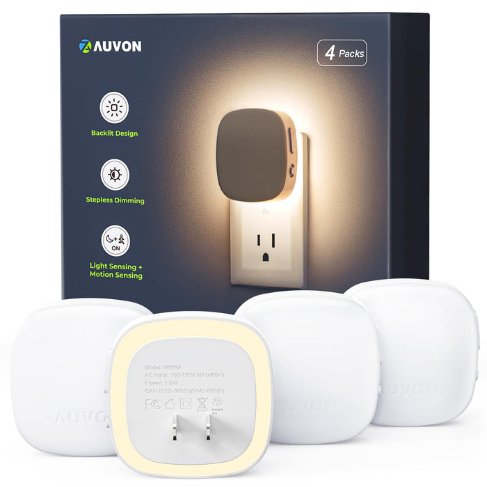 AUVON Plug-in LED Backlit Night Light 4 Packs, Motion & Dusk to Dawn Sensor