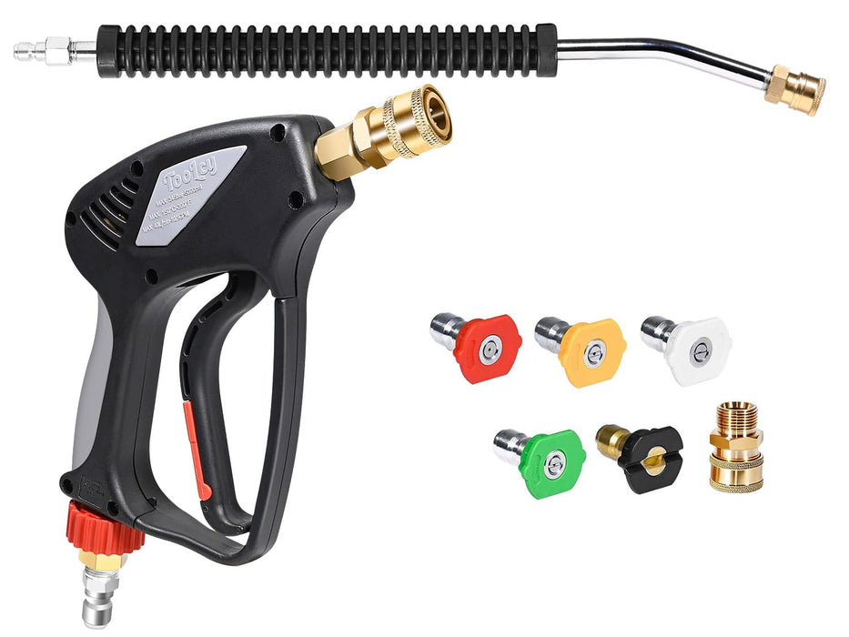 TOOLCY Pro Pressure Washer Gun and Wand, 5000 PSI High Pressure Washer Gun with 18" Curved Extension Wand, 360° Swivel, 1/4" Quick Connect Outlet, Includes 3/8" QC to M22-14mm Adapter & 5 Nozzle Tips