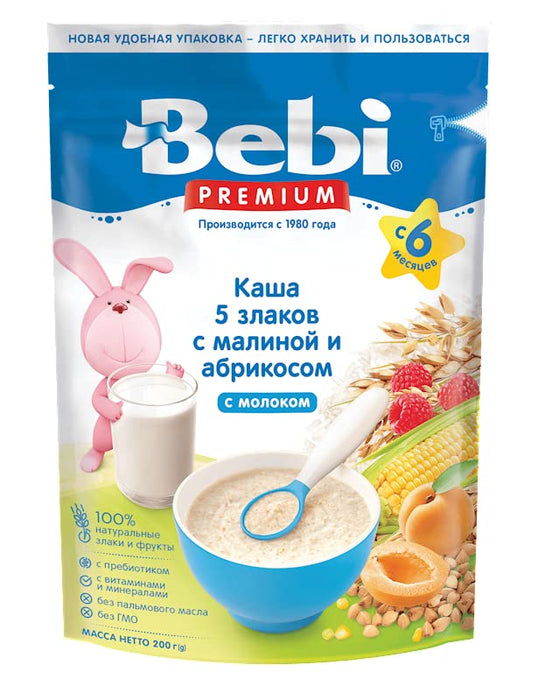 Bebi Premium 5 serial 200g From 6 Months - Ziplock Packaging NO GMO NO Palm Oil, Baby Kasha Milk Cereal for Babies, Imported From Europe