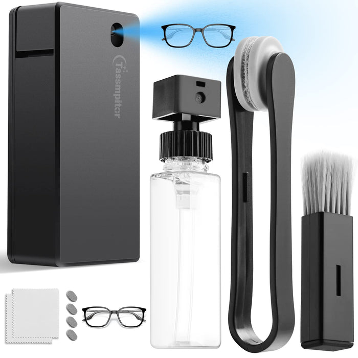 Eyeglass Cleaner Kit for Cleaning Glasses, 5-in-1 Eye Glasses Lens Cleaner|Cleaner Tool Case+Anti-Fog Mist Cleaner Spray+Soft Brush+Recyclable Sunglasses Lens Clamp Clip+Microfiber Cloth for Travel