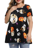 MONNURO Womens Halloween Shirts Short Sleeve Casual Loose Fit Flare Swing Plus Size Tunic Tops(Halloween-black,4X)