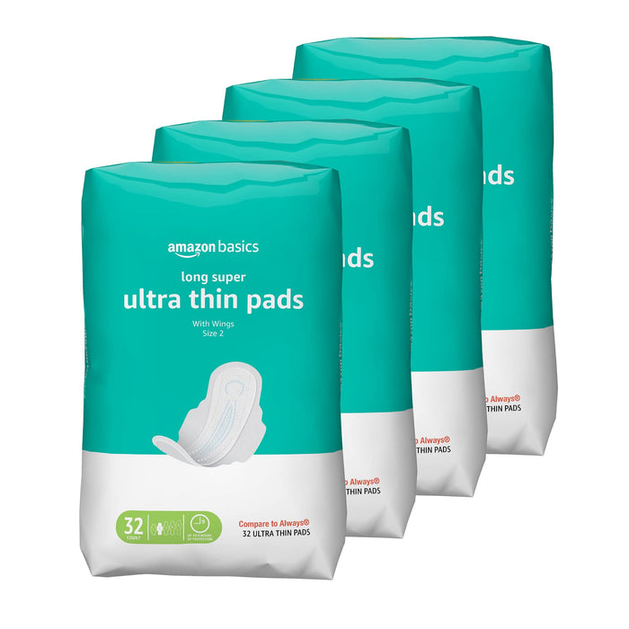 Amazon Basics Ultra Thin Pads with Flexi-Wings for Periods, Long Length, Super Absorbency, Unscented, Size 2, 128 Count, 4 Packs of 32 (Previously Solimo)