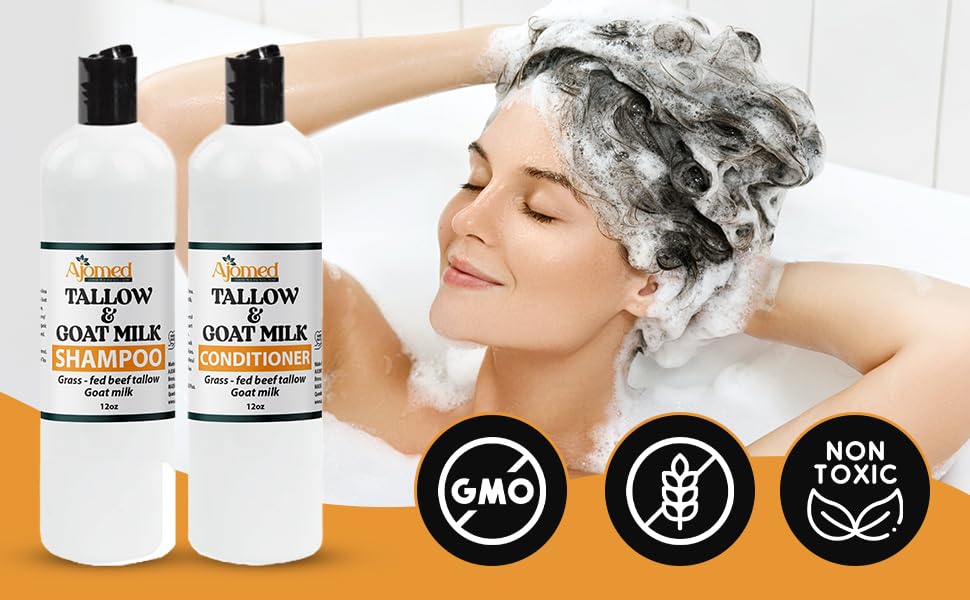 Beef Tallow & Goat Milk Shampoo and Conditioner Set - Handmade Hair Care for Thinning Relief, Sea Moss Shampoo and Conditioner, Thickening Formula for Hair Regrowth (Shampoo & Conditioner 8 Oz)