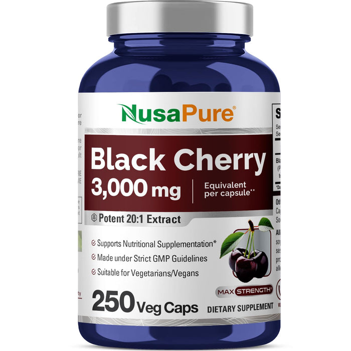 NusaPure Black Cherry Extract 3,000mg 250 Veggie Capsules Max Potency, Non-GMO, Bioperine