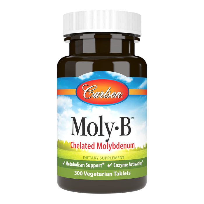 Carlson - Moly-B, Chelated Molybdenum Supplements, Metabolism Support & Enzyme Activation, Molybdenum Glycinate Chelate, 300 Vegetarian Tablets