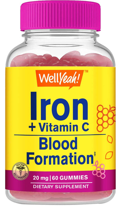 WellYeah Iron Gummies with Vitamin C -Anemia and Cellular Energy Support, Promotes Red Blood Cell Formation - Energy & Immune System Support -Natural Grape Flavor-60 Gummies